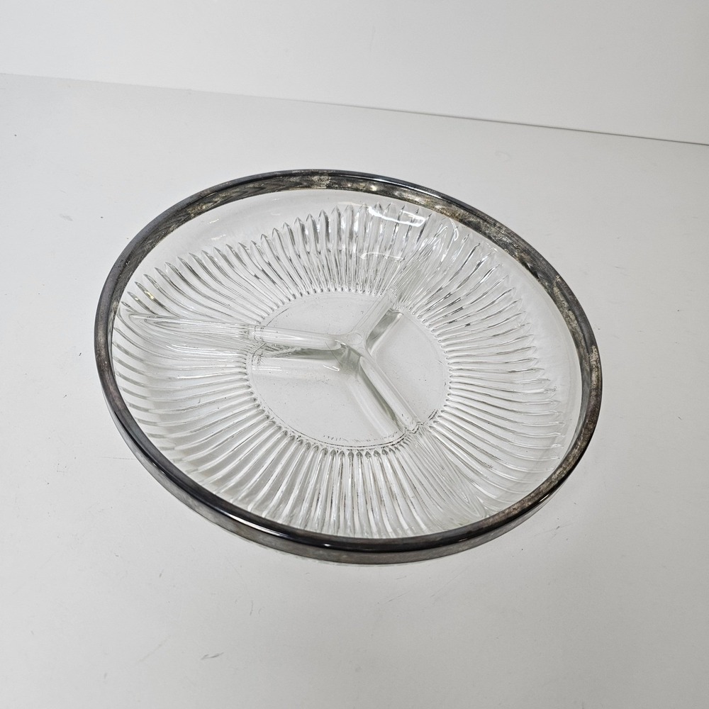 Vintage Italian Glass Divided Dish Ashtray Silver Rim 3 Section Serving Tray 9in